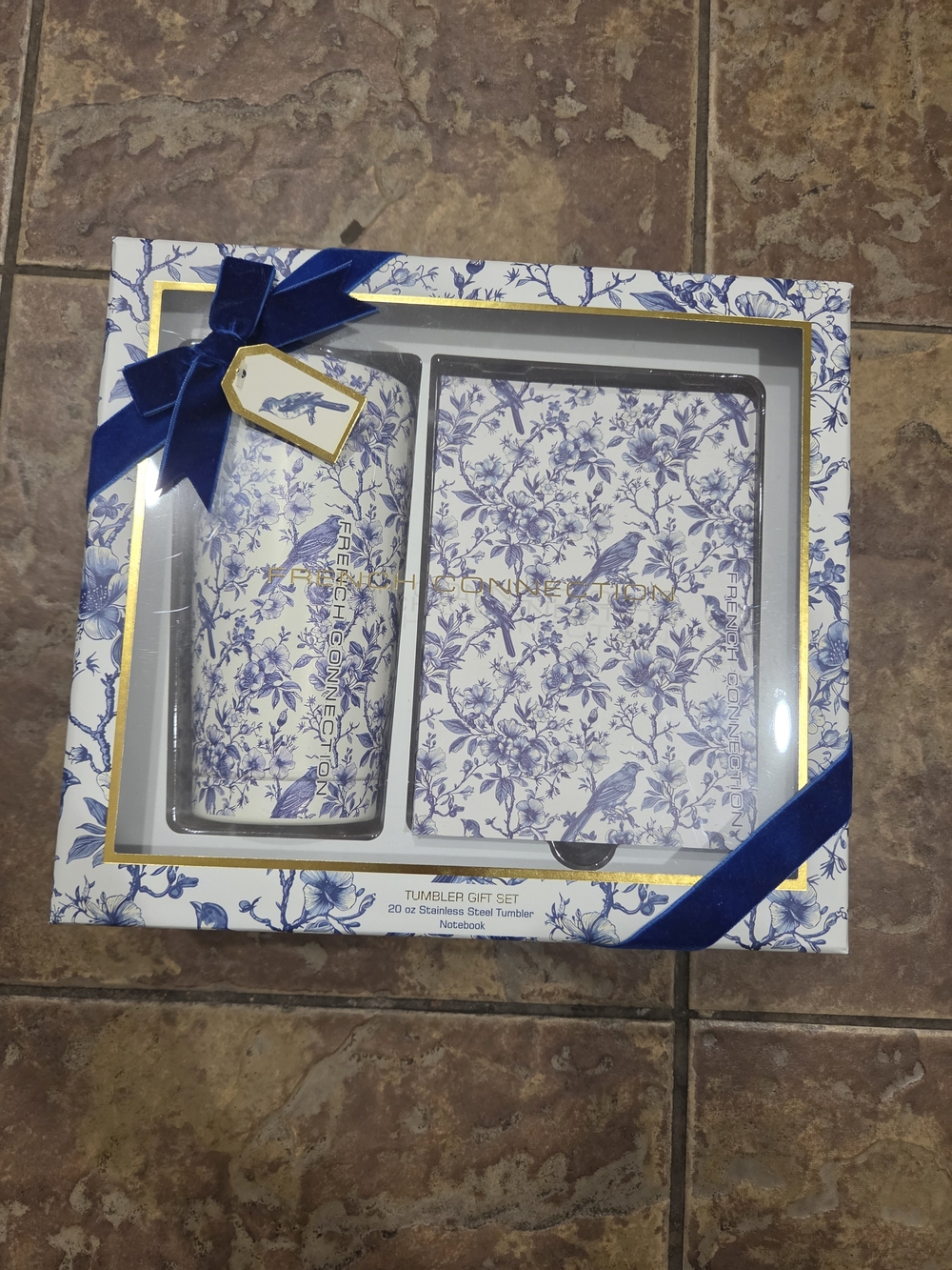 French Connection Blue & White Floral Tumbler and Notebook Gift Set